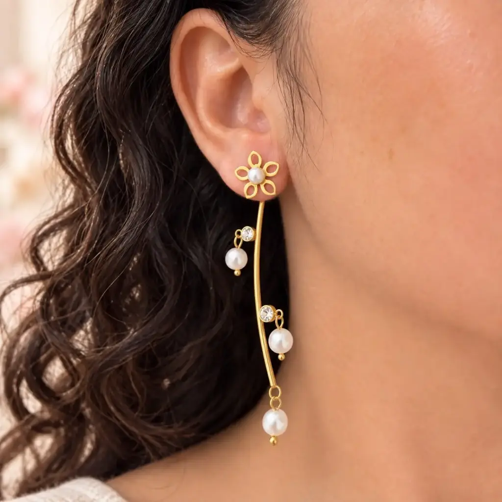 Arete largo gold palo perlas topo flor acero