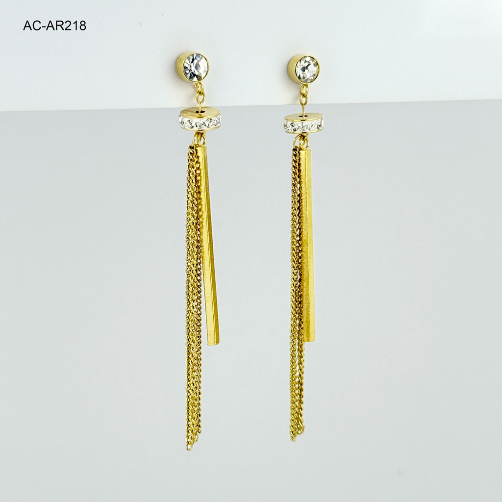 Arete largo gold cadenitas rondela circones acero
