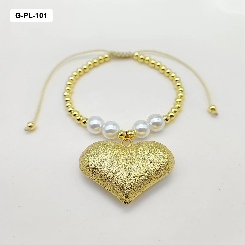Pulsera gold en rodinado corazón satinado y perlas