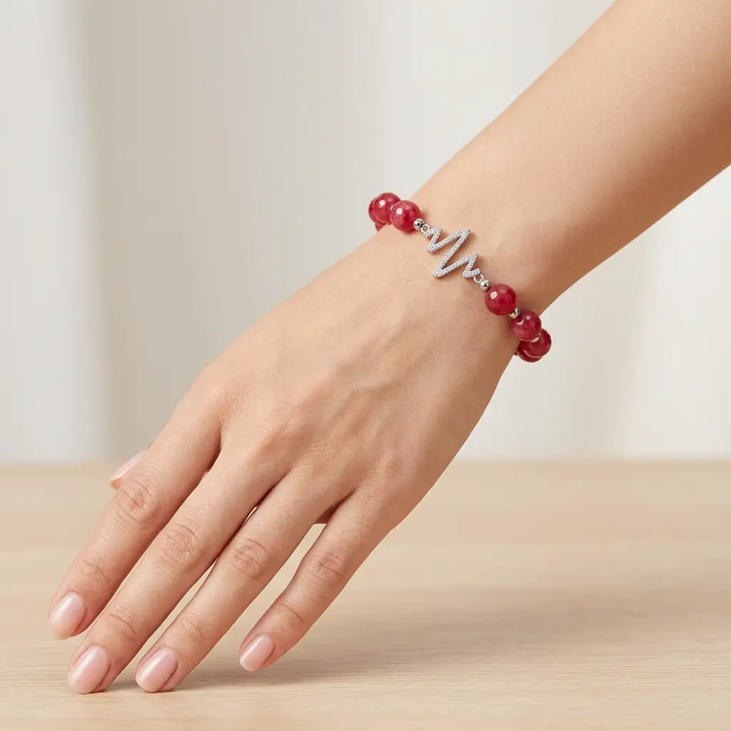 Pulsera Artesanal piedra ágata roja dije plateado látido