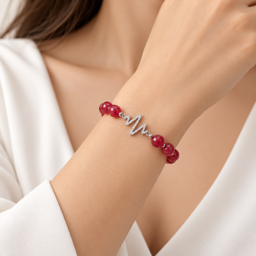 Pulsera Artesanal piedra ágata roja dije plateado látido