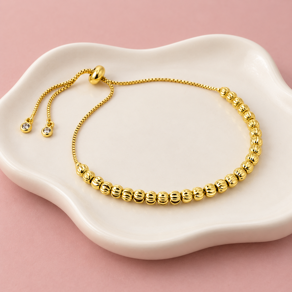 [G-PL-135] Pulsera en rodinado gold ajustable bola diamantada 4mm