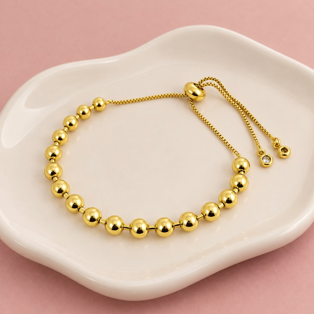 [G-PL-136] Pulsera en rodinado gold ajustable bola 6mm