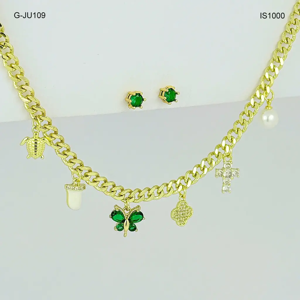 Juego en rodinado gold collar  charms aretes verdes