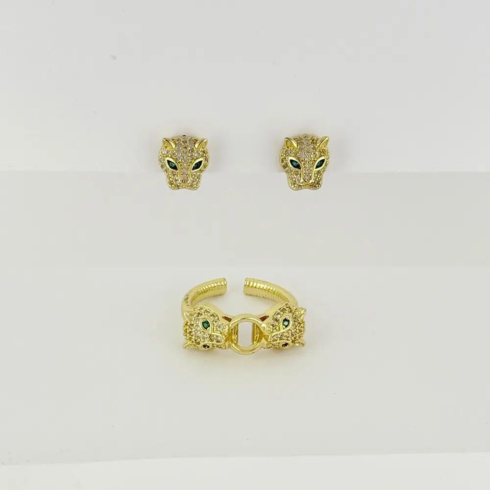 Set en rodinado gold topos + anillo pantera microcircones