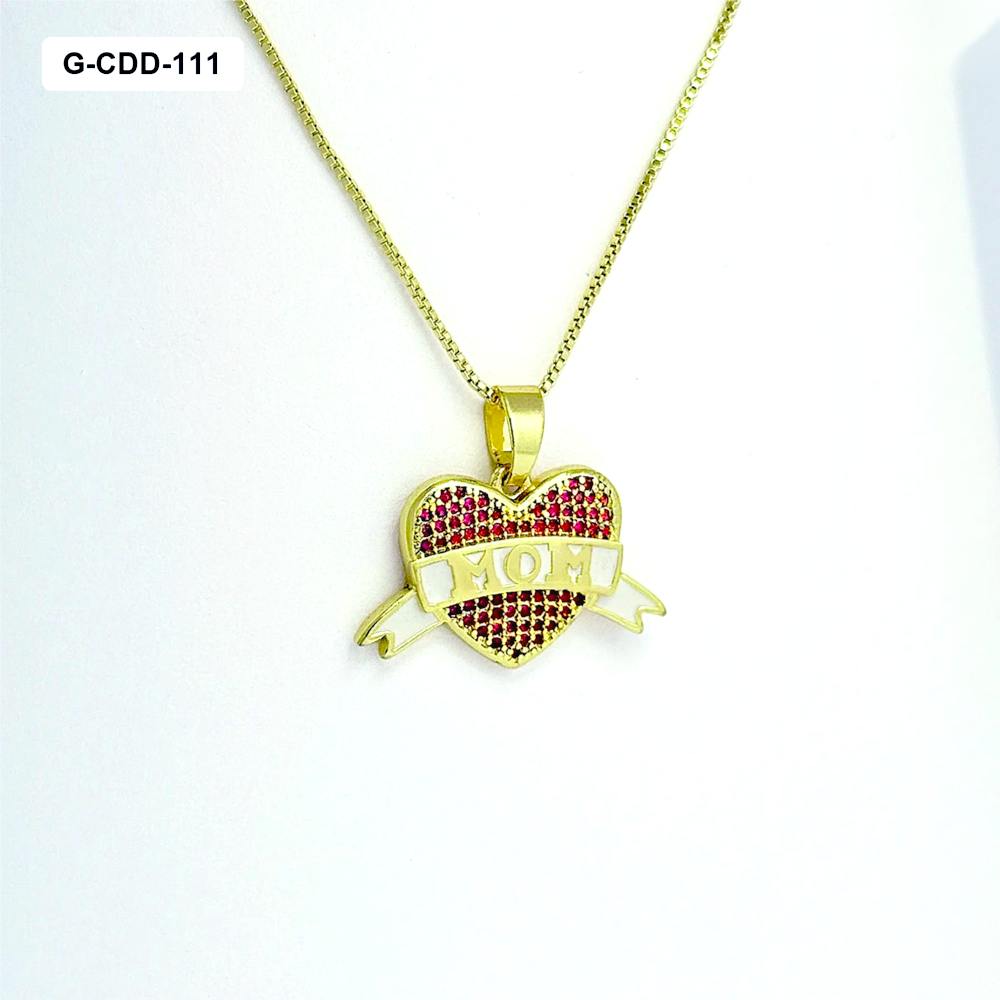Collar en rodinado gold dije mom corazón microcircones magenta