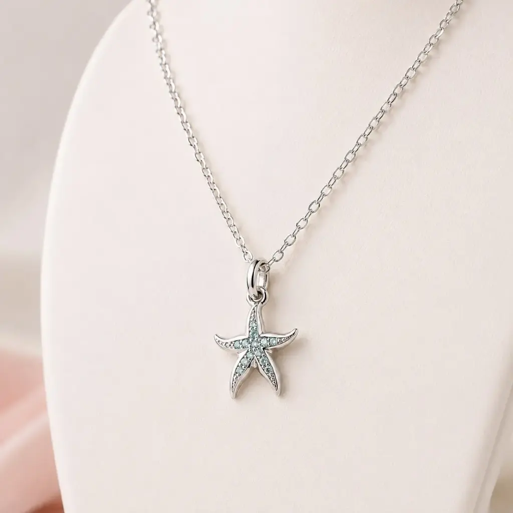 Collar en rodinado silver dije estrella mar microcircones turquesa 9mm