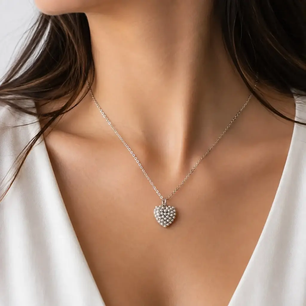 Collar en rodinado silver dije corazón perlas