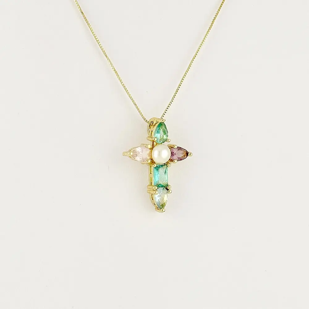 Collar en rodinado gold cruz cristal especial 