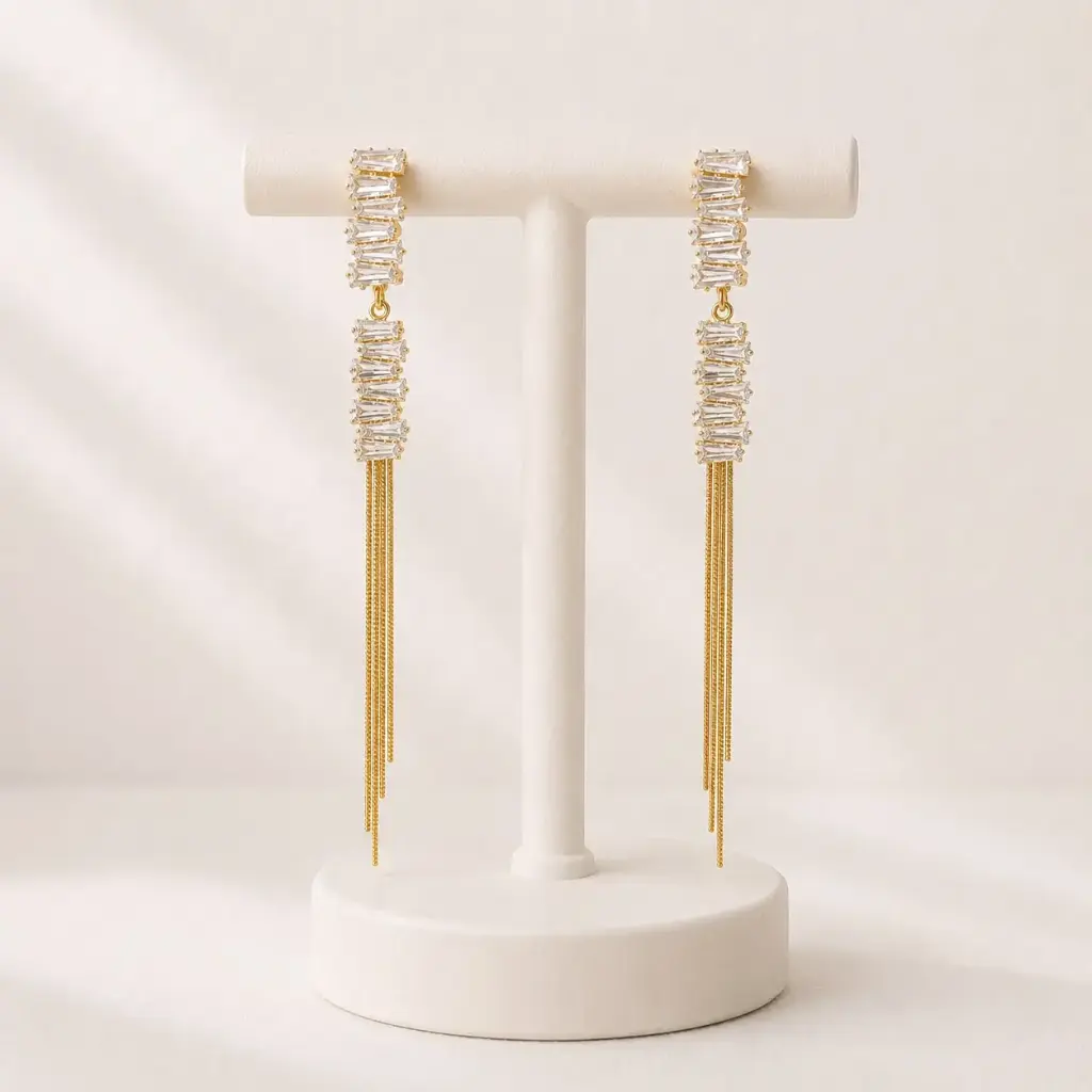 Aretes largos en rodinado silver línea premium broche poste cristales baguette