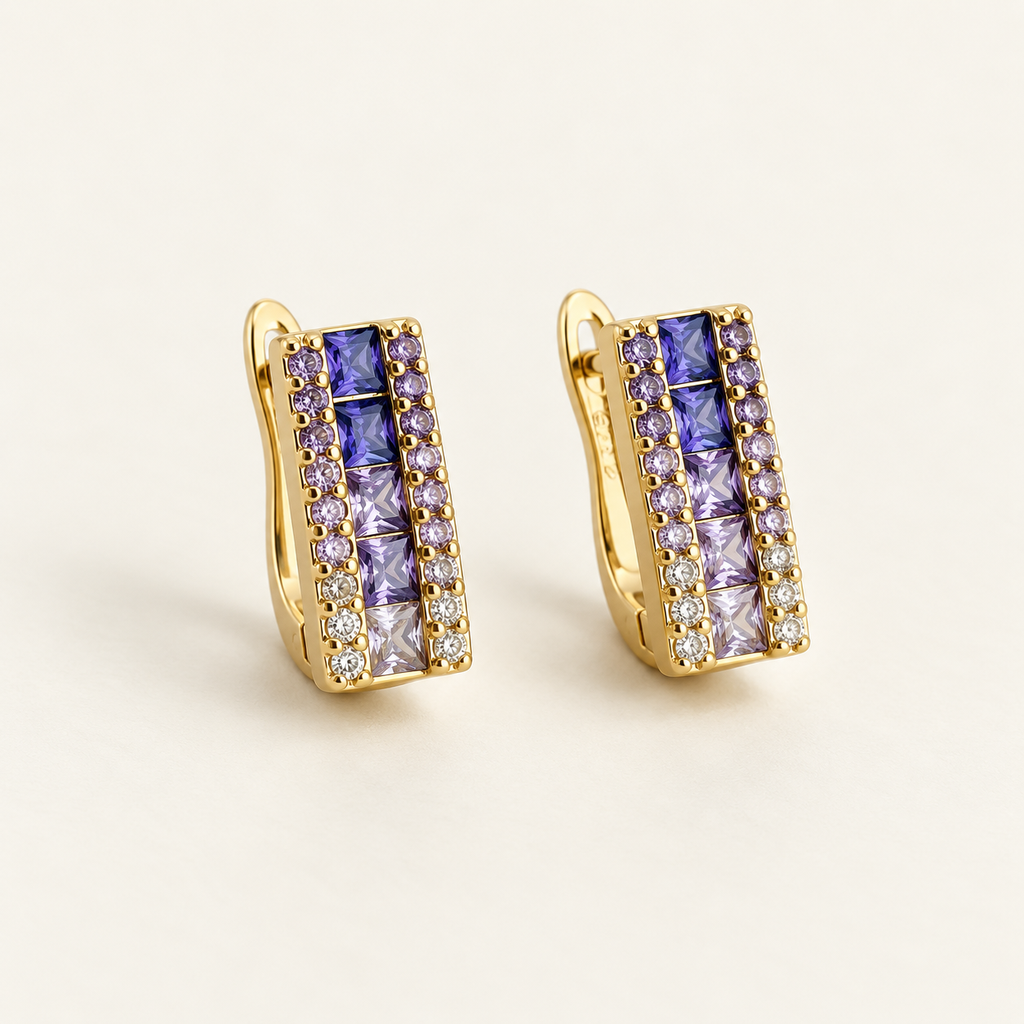 Arete especial broche catalan rodinado gold cristales violeta 1.4 cm