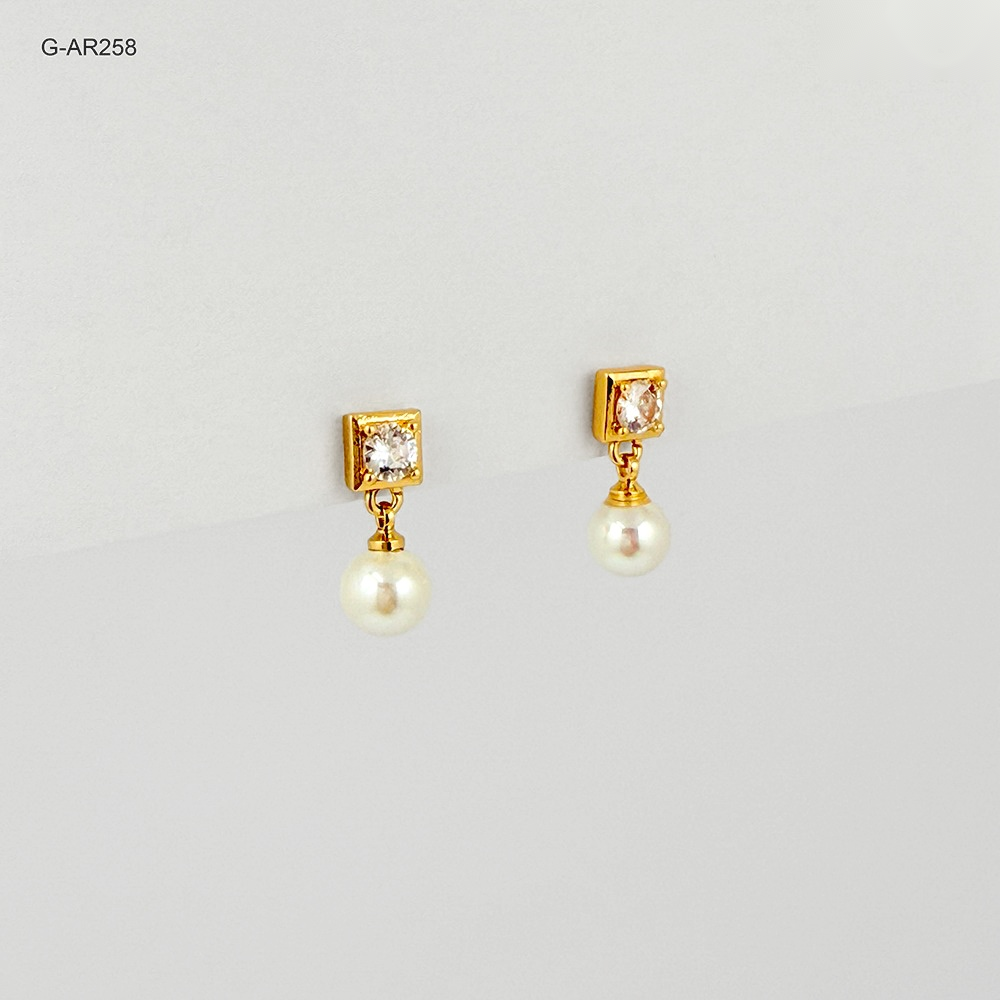 Arete de presión rodinado gold tope cuadrado dije perla
