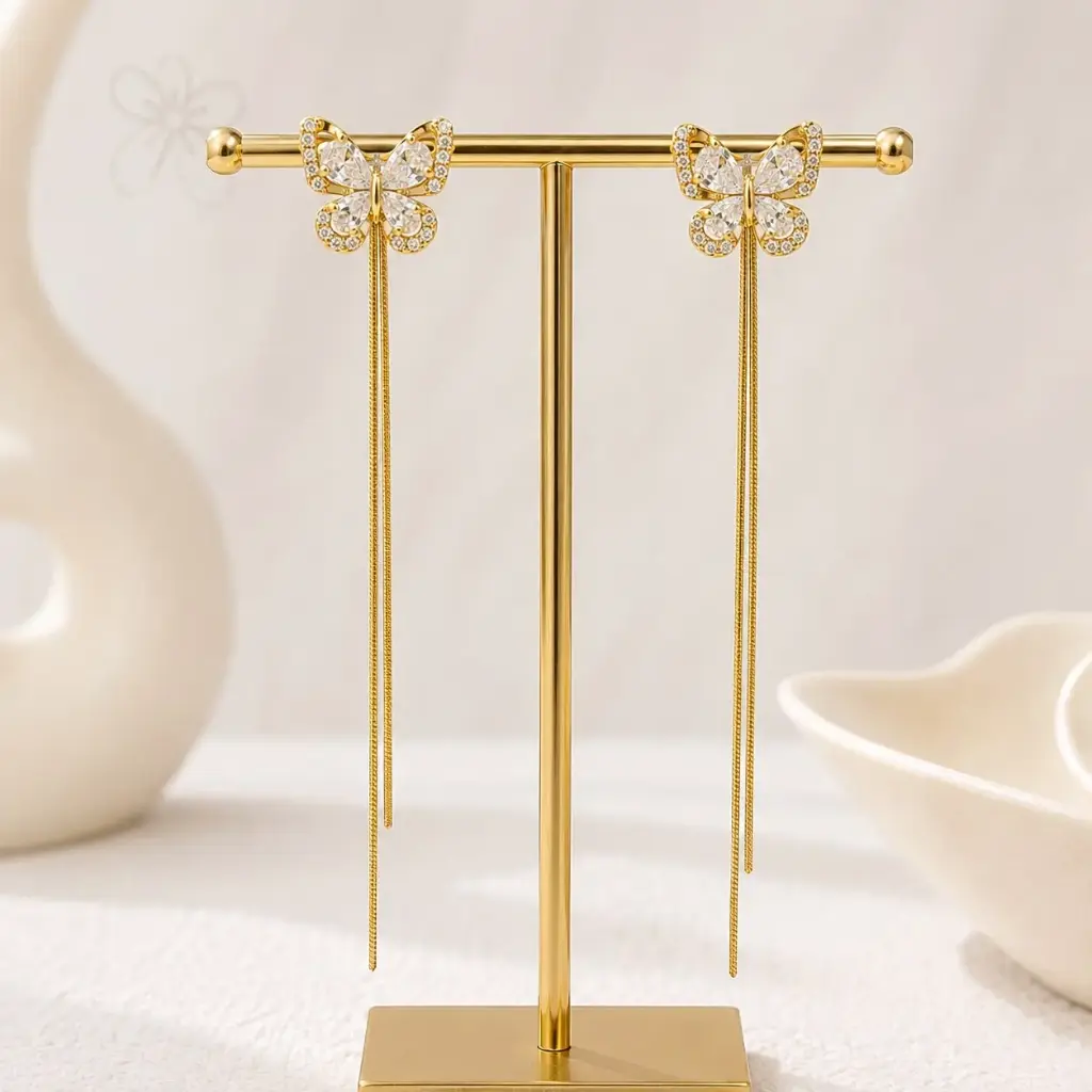 Aretes largos en rodinado gold línea premium broche 