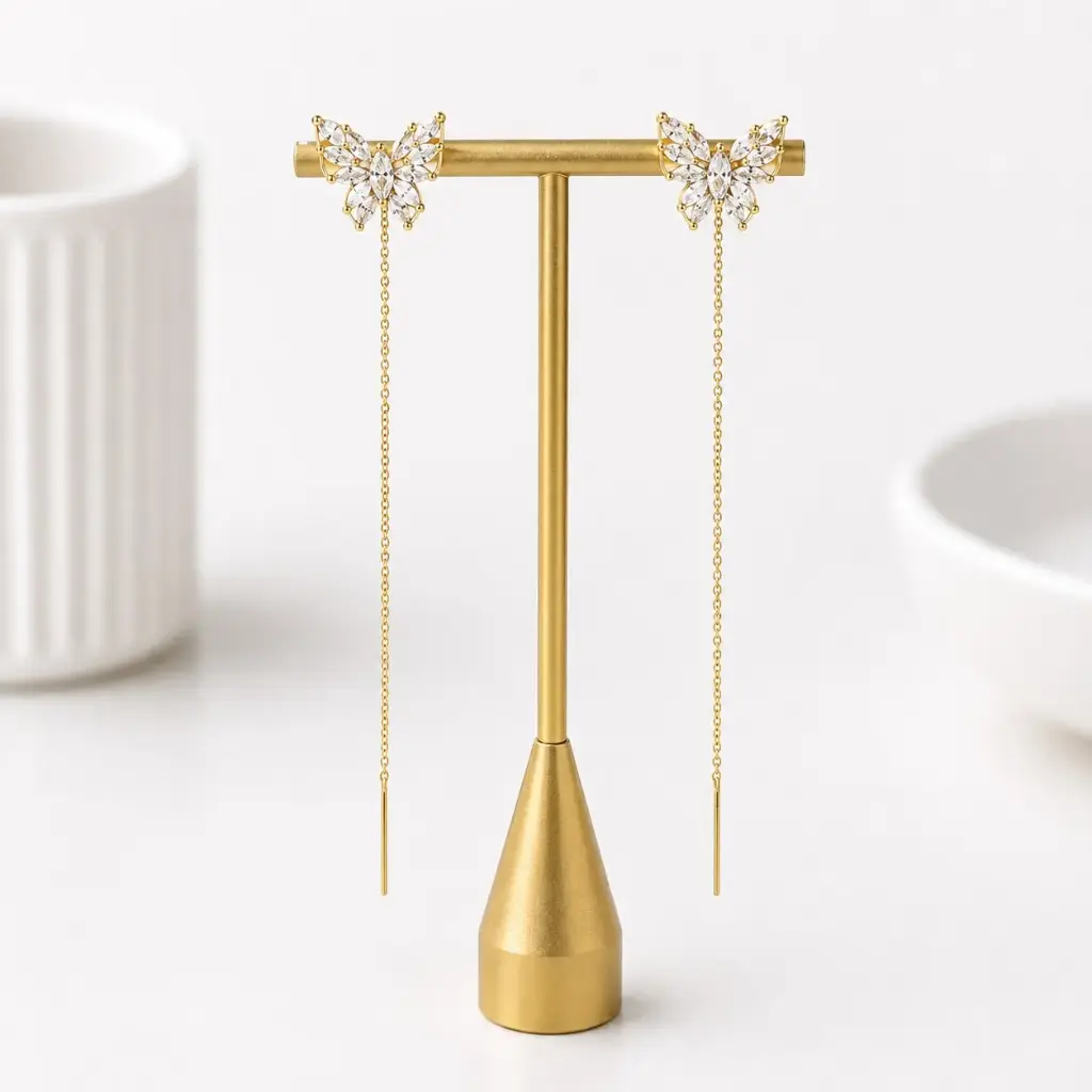 Aretes largos en rodinado Gold línea premium broche sistema pasar mariposa 