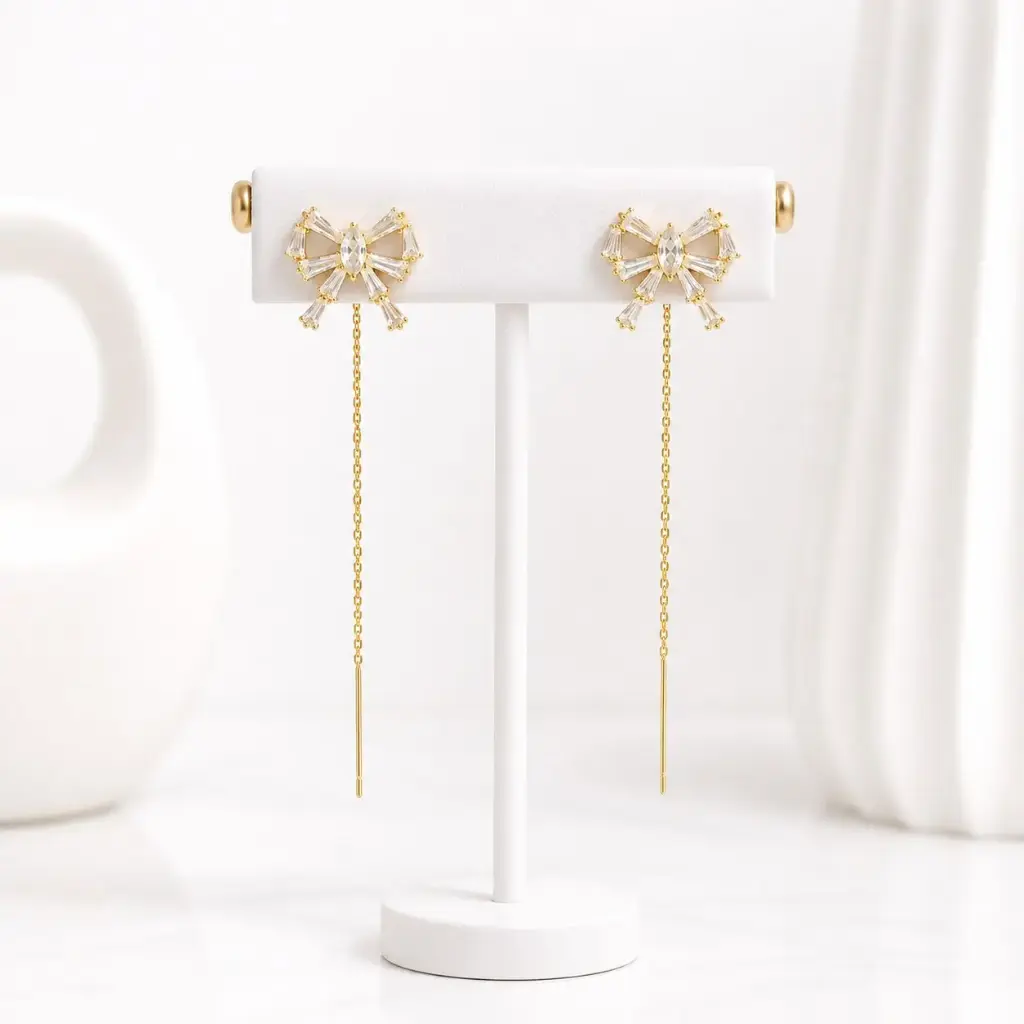 Aretes largos en rodinado Gold línea premium broche sistema pasar moño / lazo cristales 