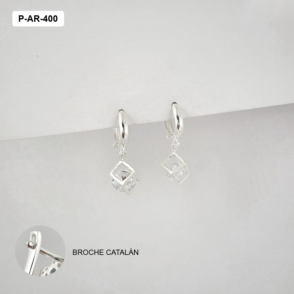 *ARETES EN PLATA LEY 925 BROCHE CATALÁN CUBO CRISTAL