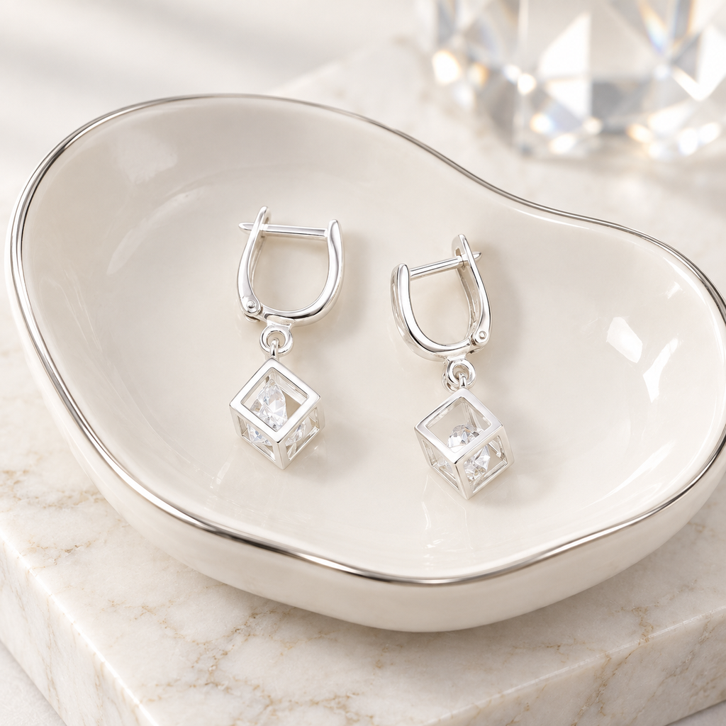 Aretes en plata ley 925 broche catalán cubo cristal