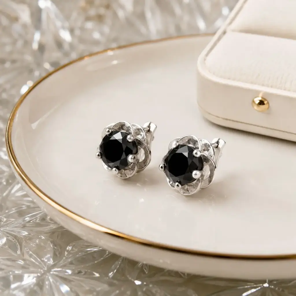 Aretes en plata ley 925 broche catalán flor cristal color negro