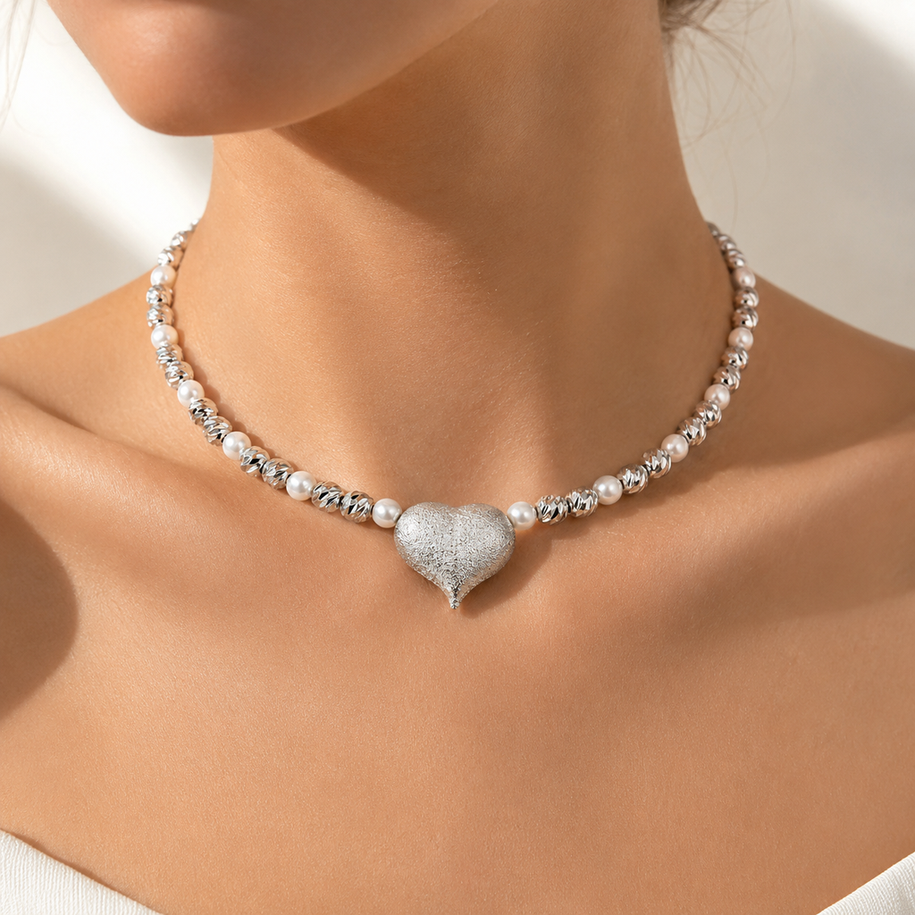 Collar rodinado y perlas dorado