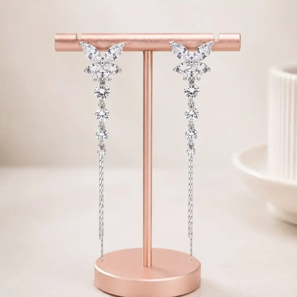 Aretes largos en rodinado silver línea premium broche poste mariposa