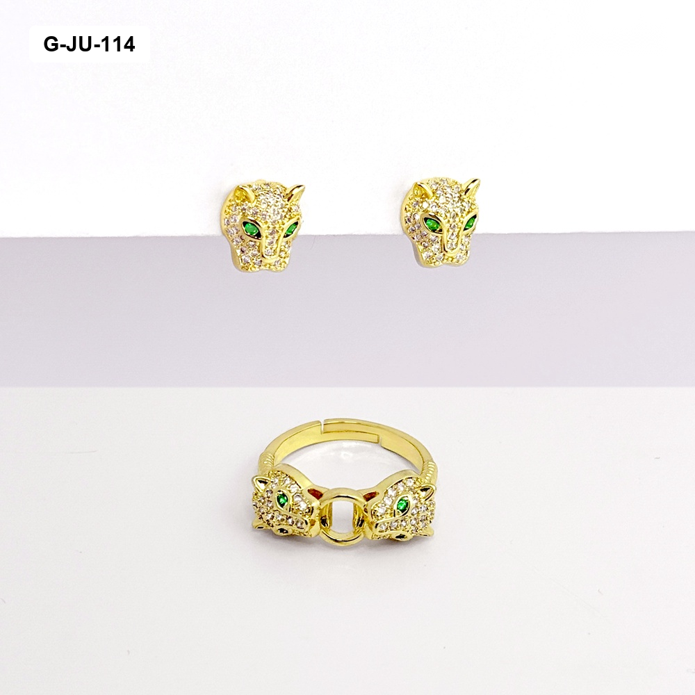 SET EN RODINADO GOLD PANTERA ANILLO Y ARETES 