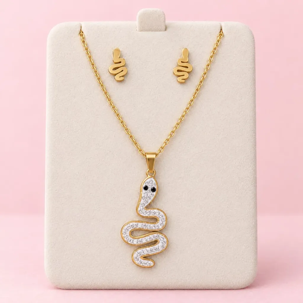 [AC-JU-167] Juego en acero gold serpiente circones blancos