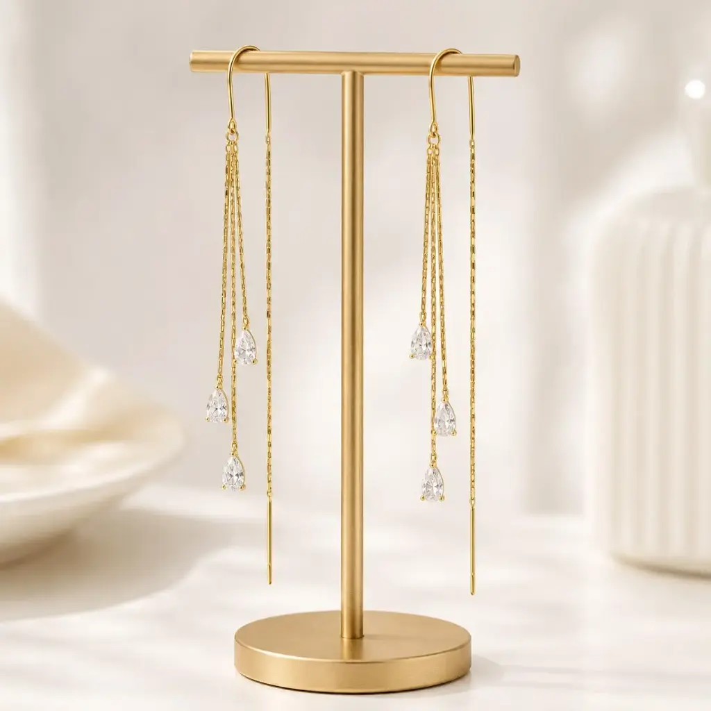 Aretes largos en rodinado Gold línea premium broche sistema pasar cristales gota