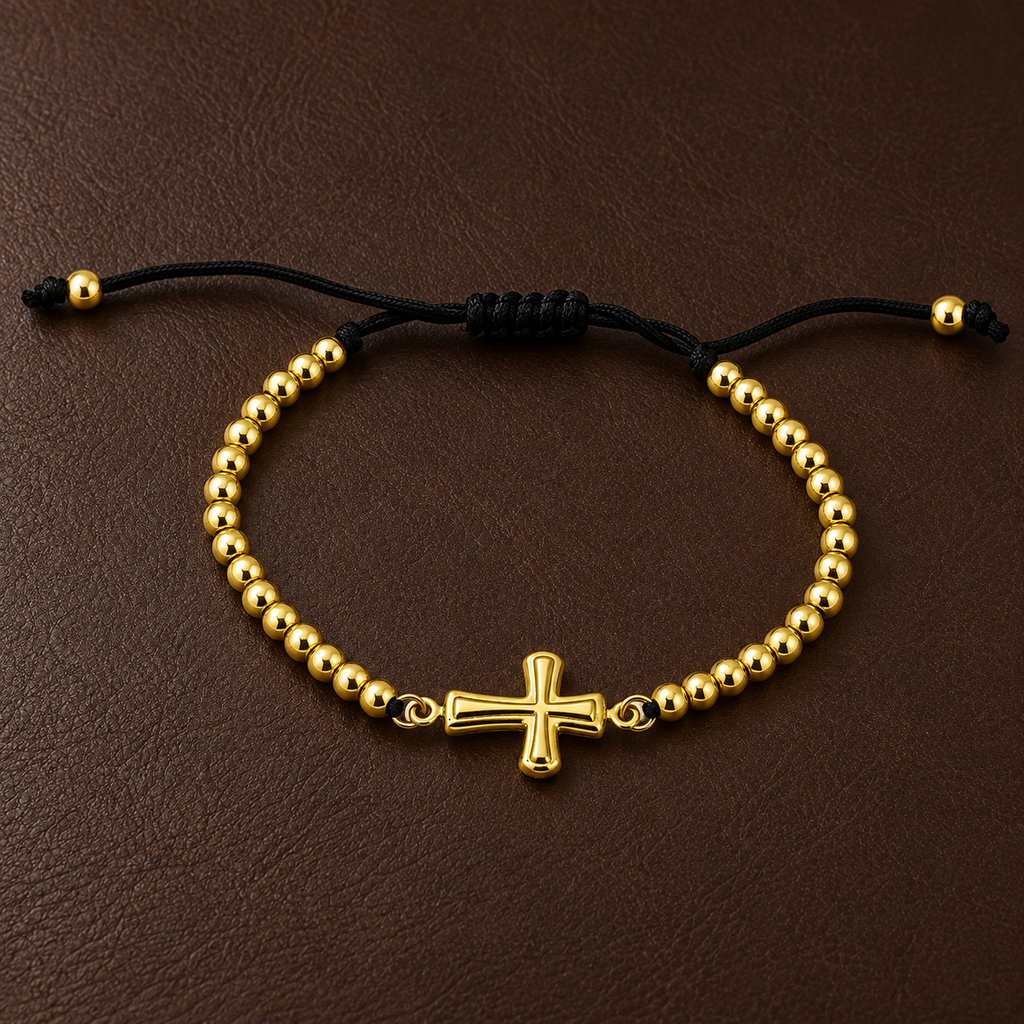 Pulsera en acero gold cordón ajustable cruz