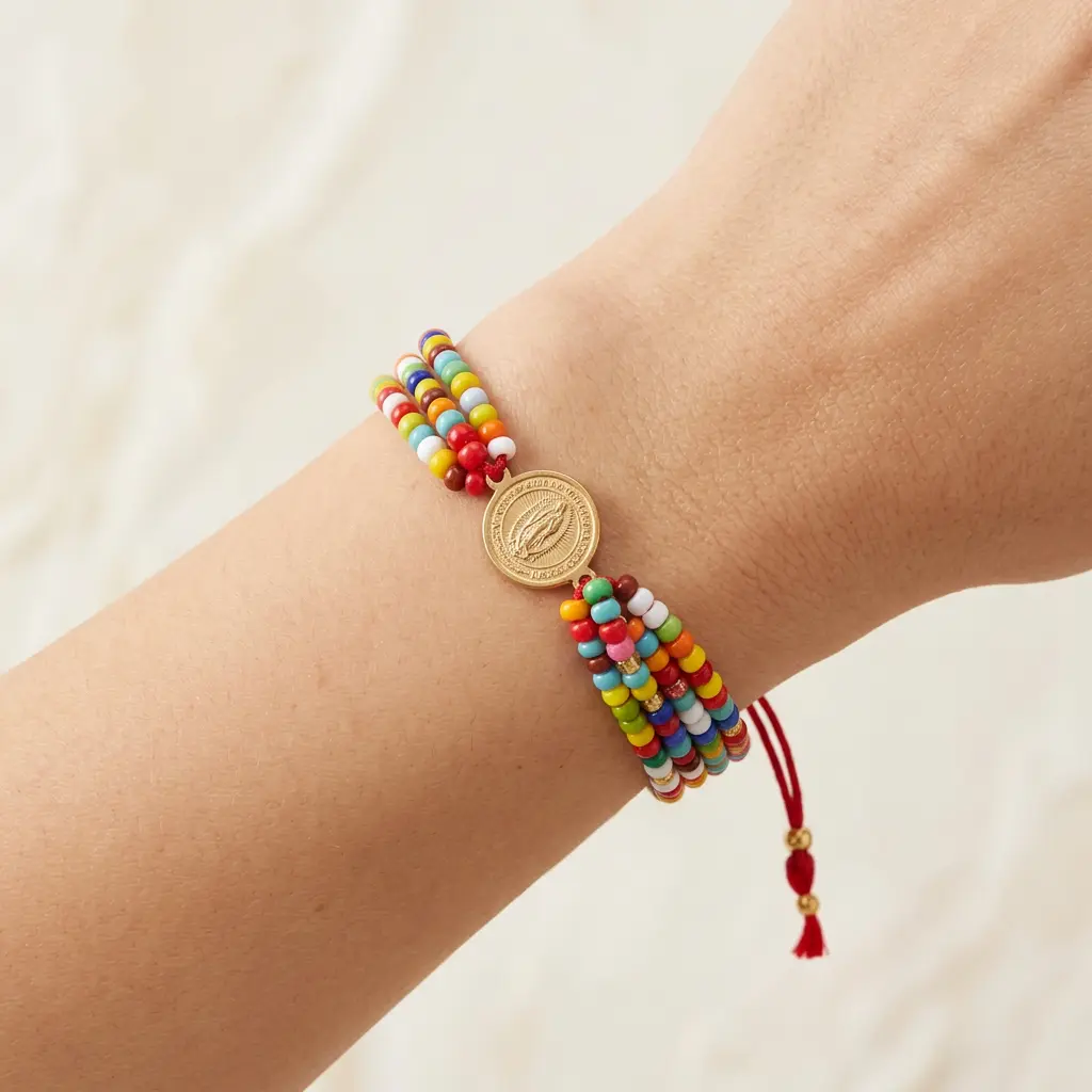 Pulsera Artesanal en Acero Medalla Virgen Guadalupe mullos colores