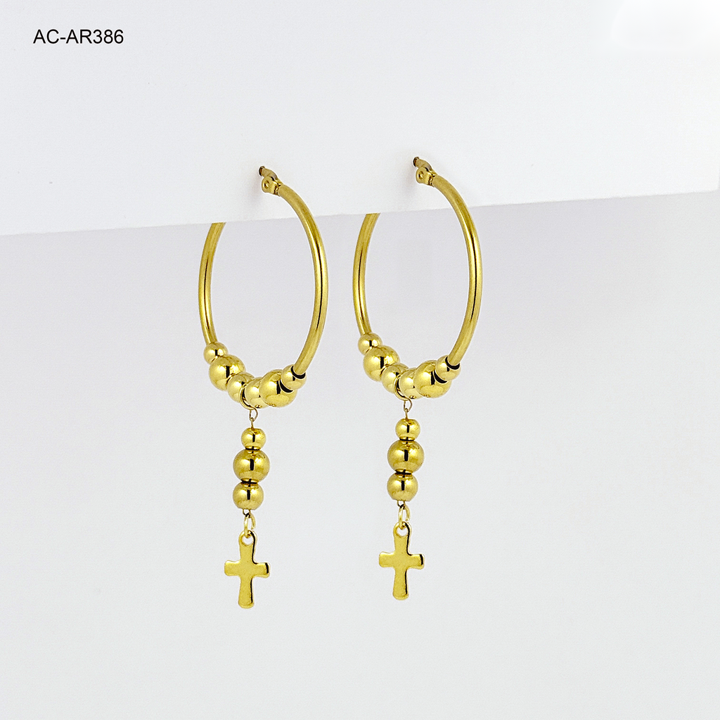 Argollas en acero gold tipo denario  cruz