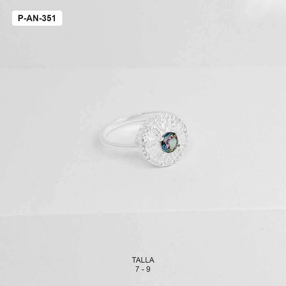 Anillo en plata ley 925 thai redondo cristales baguette piedra tornasol