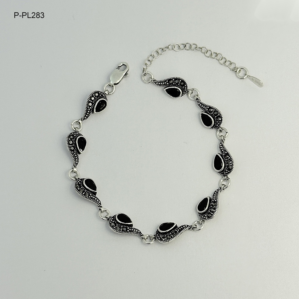 *PULSERA EN PLATA LEY 925 PLATA QUEMADA MARQUESITA CIRCONES NEGROS