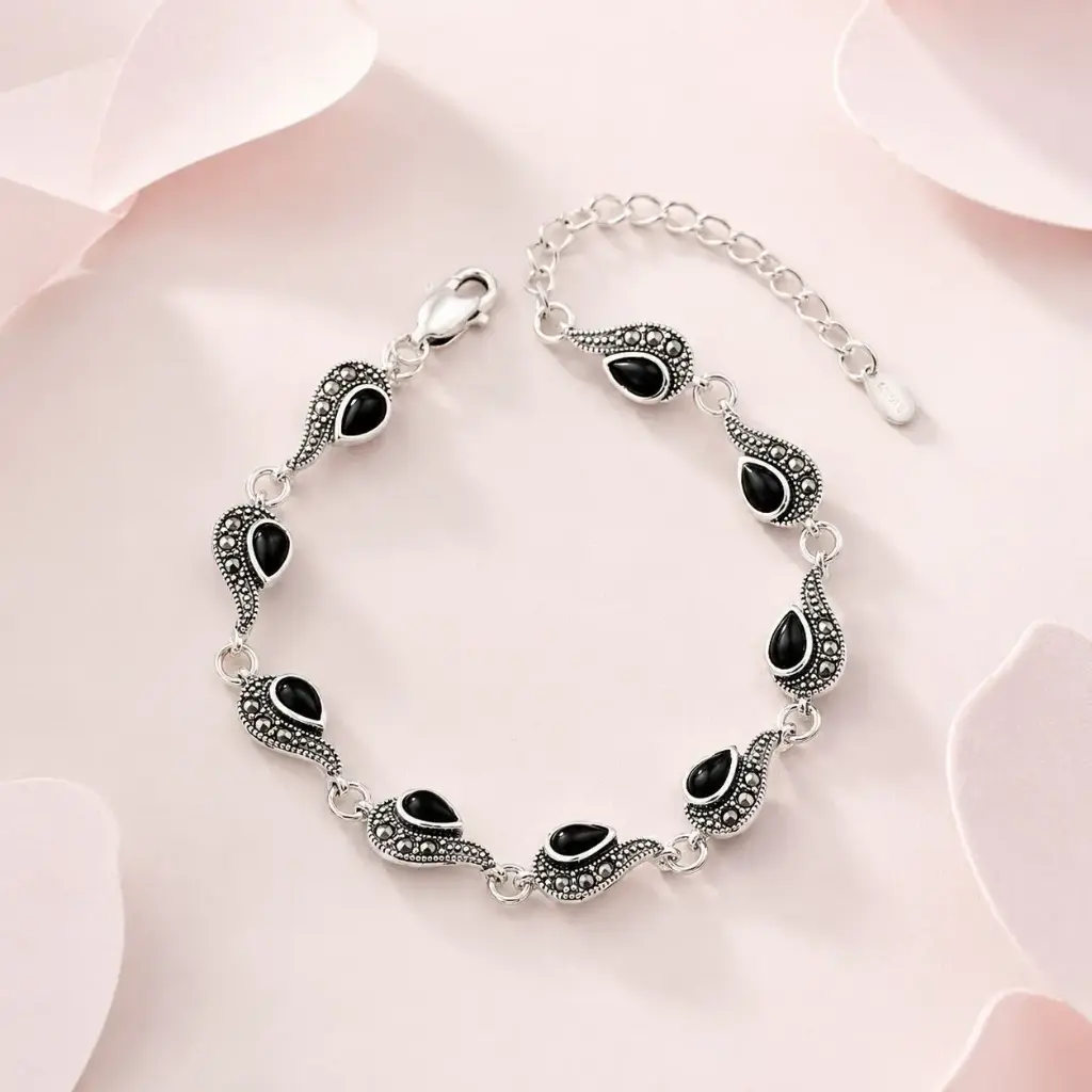 Pulsera en plata ley 925 plata quemada marquesita circones negros