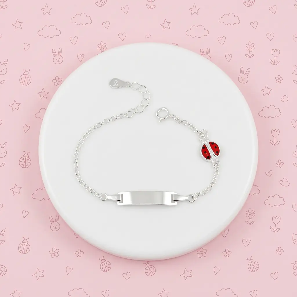 Pulsera en plata ley 925 esclava bebé mariquita esmaltado 12cm con extensión