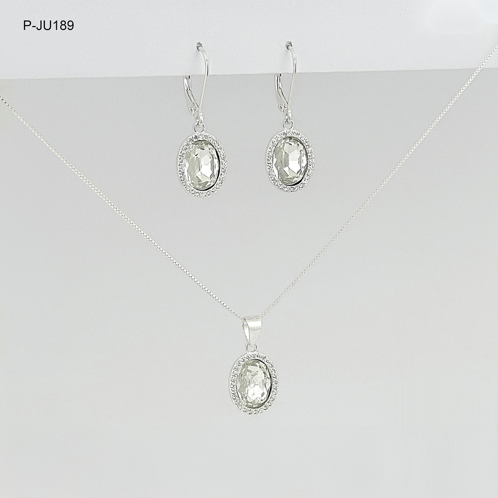 *JUEGO EN PLATA LEY 925 CRISTAL BLANCO OVALADO 