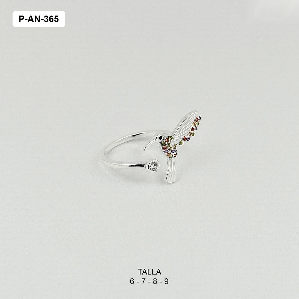*ANILLO EN PLATA LEY 925 COLIBRÍ MICROCIRCONES COLORES REGULABLE