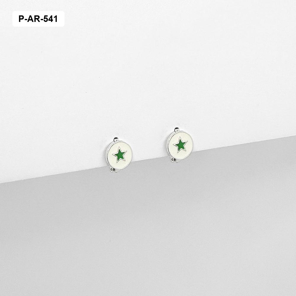 ARETES EN PLATA LEY 925 SISTEMA GANCHO CIRCULO ESMALTADO BLANCO ESTRELLA VERDE