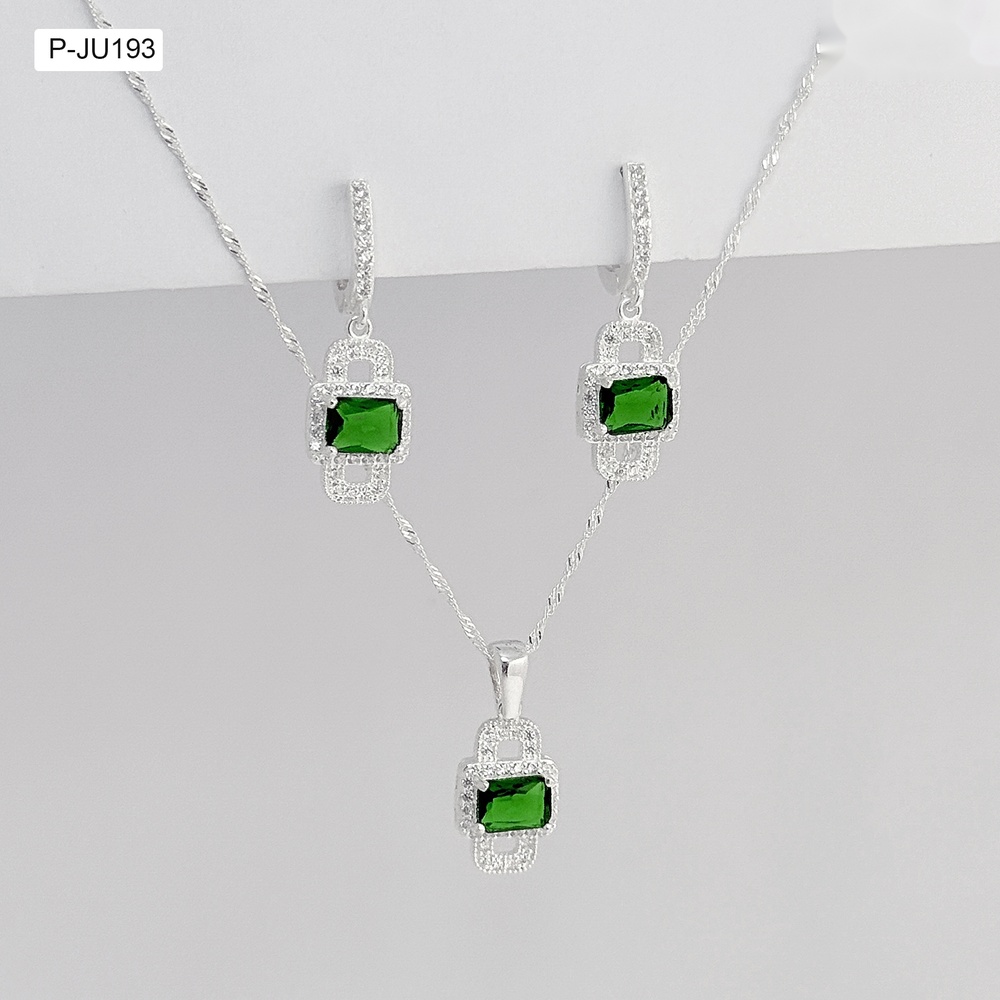 *P-JU-193 JUEGO EN PLATA LEY 925 CRISTAL VERDE ESMERALDA RECTÁNGULAR