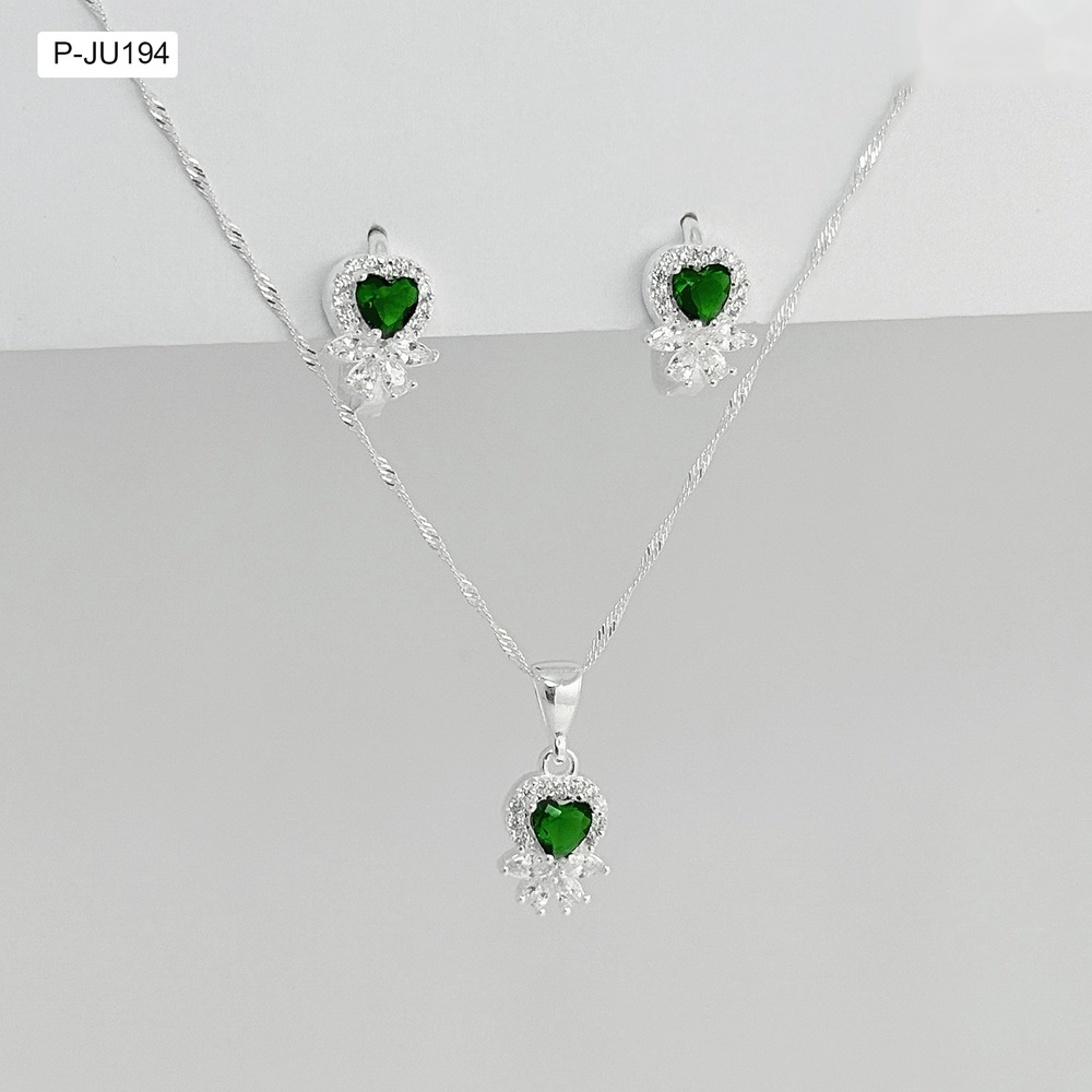 Juego en plata ley 925 corazón cristal verde esmeralda