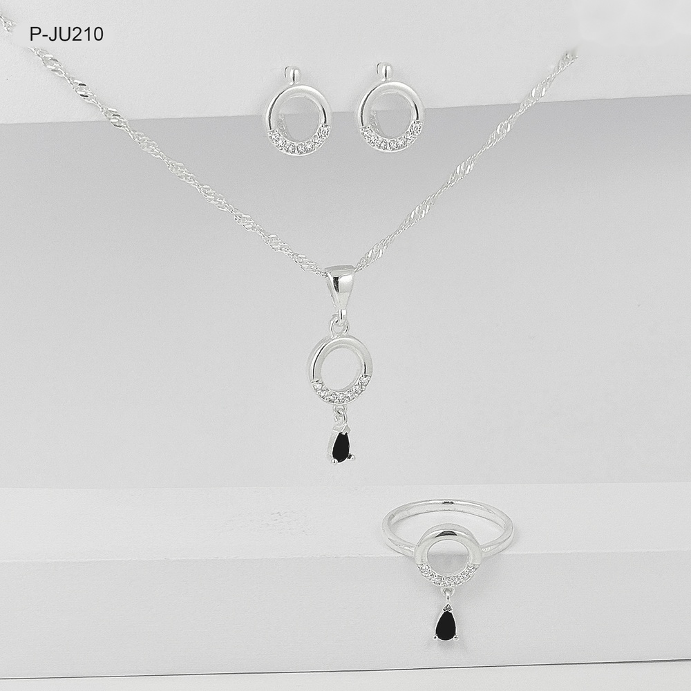 *P-JU-210 JUEGO EN PLATA LEY 925 CRISTAL NEGRO GOTA CON ANILLO INCLUÍDO (Talla única 9)