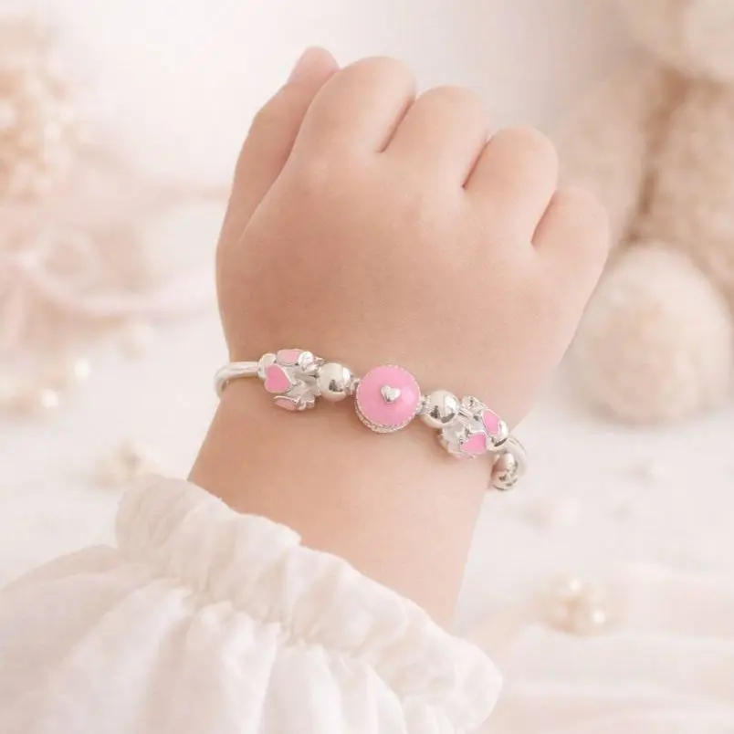 Brazalete para niña en Plata ley 925 tipo charms esmaltado rosa