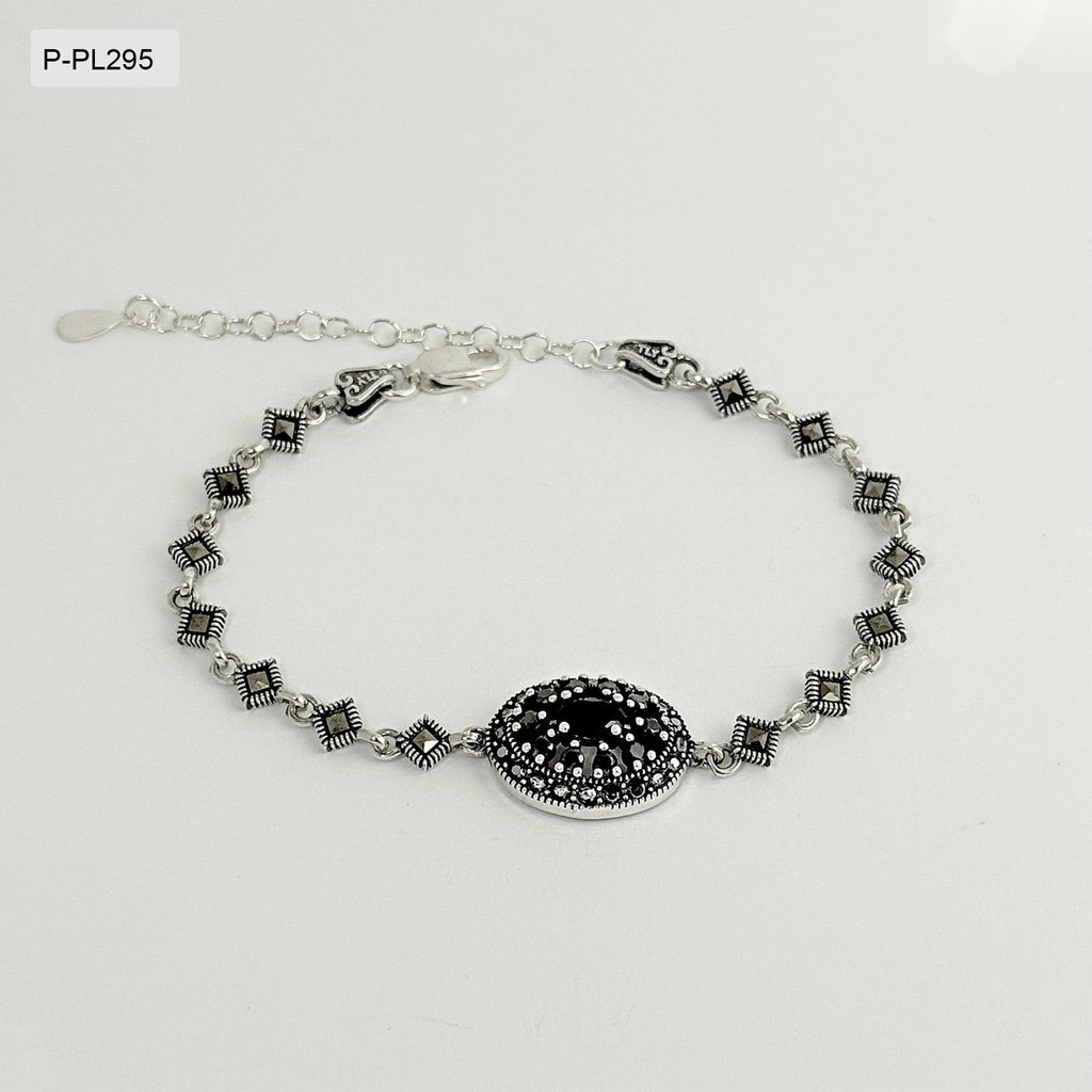 *P-PL-295 PULSERA PLATA QUEMADA LEY 925 MARQUESITA OVALO CIRCONES NEGROS