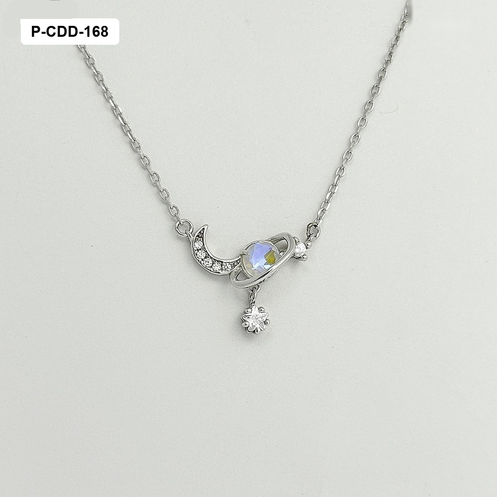 Collar plata 925 baño rodio media luna saturno ópalo