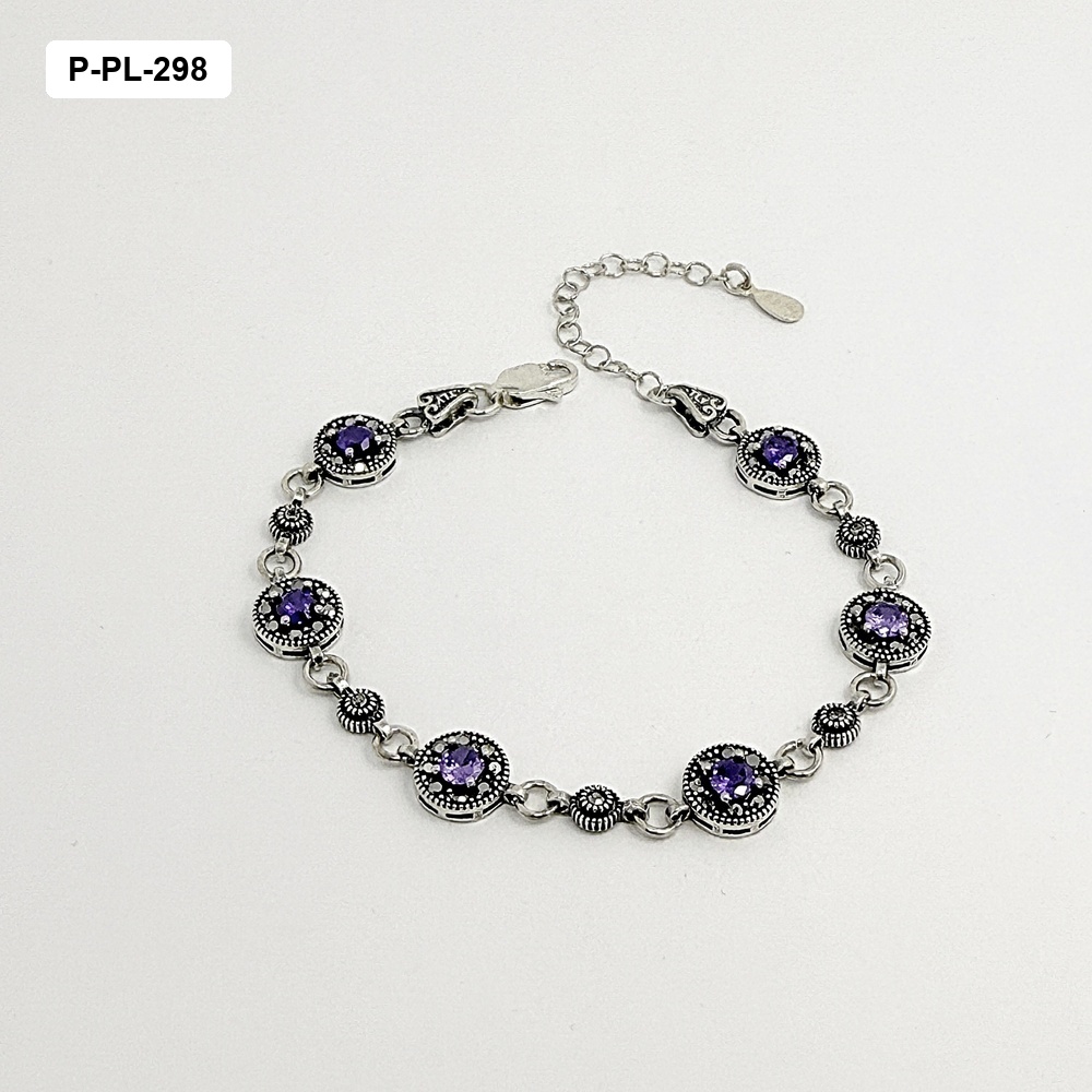 *P-PL-298 PULSERA PLATA QUEMADA LEY 925 MARQUESITA CÍRCULO CRISTALES VIOLETA 