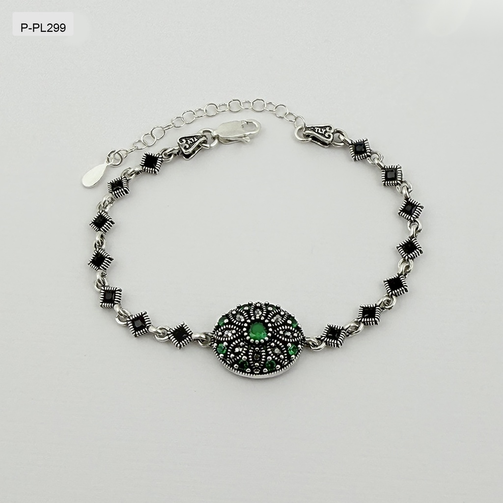 Pulsera plata quemada ley 925 circones verdes