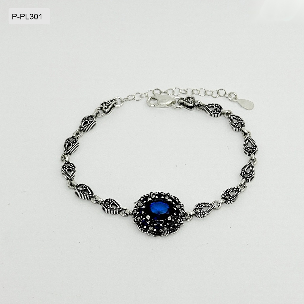 Pulsera plata quemada ley 925 marquesita ovalo cristal azul