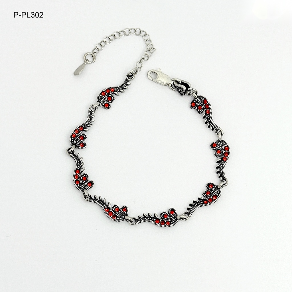 *P-PL-302 PULSERA PLATA QUEMADA LEY 925 MARQUESITA RAMITAS CIRCONES ROJOS