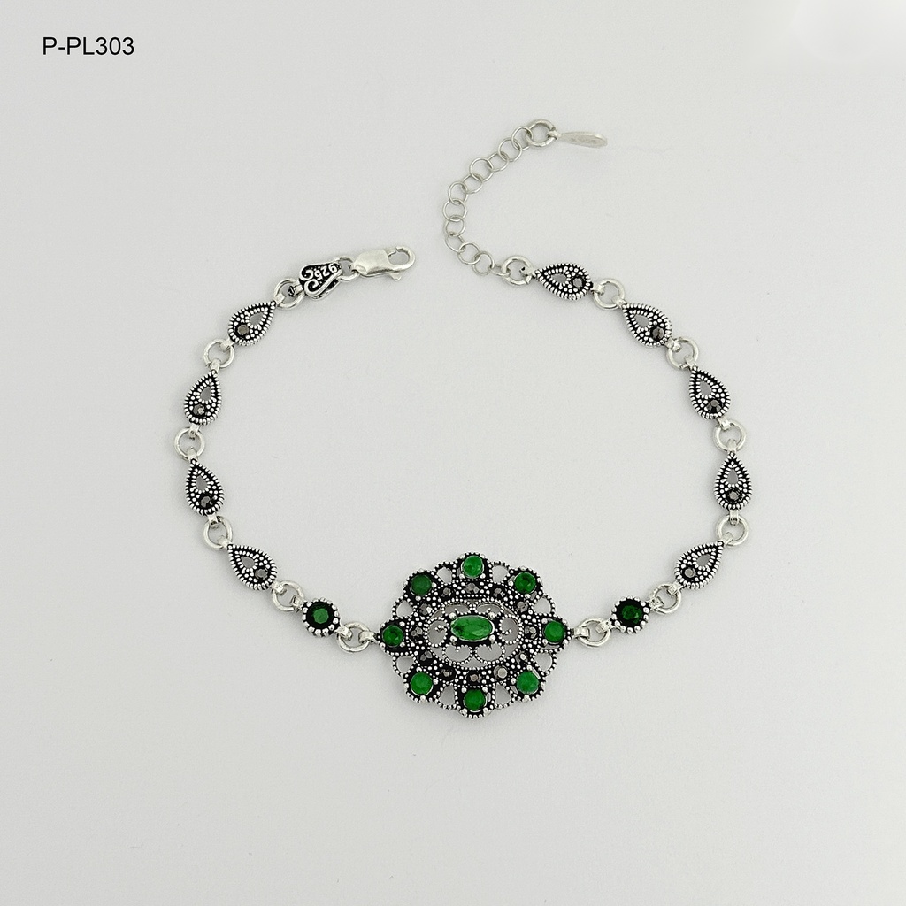 Pulsera plata quemada ley 925 marquesita flor circones verdes
