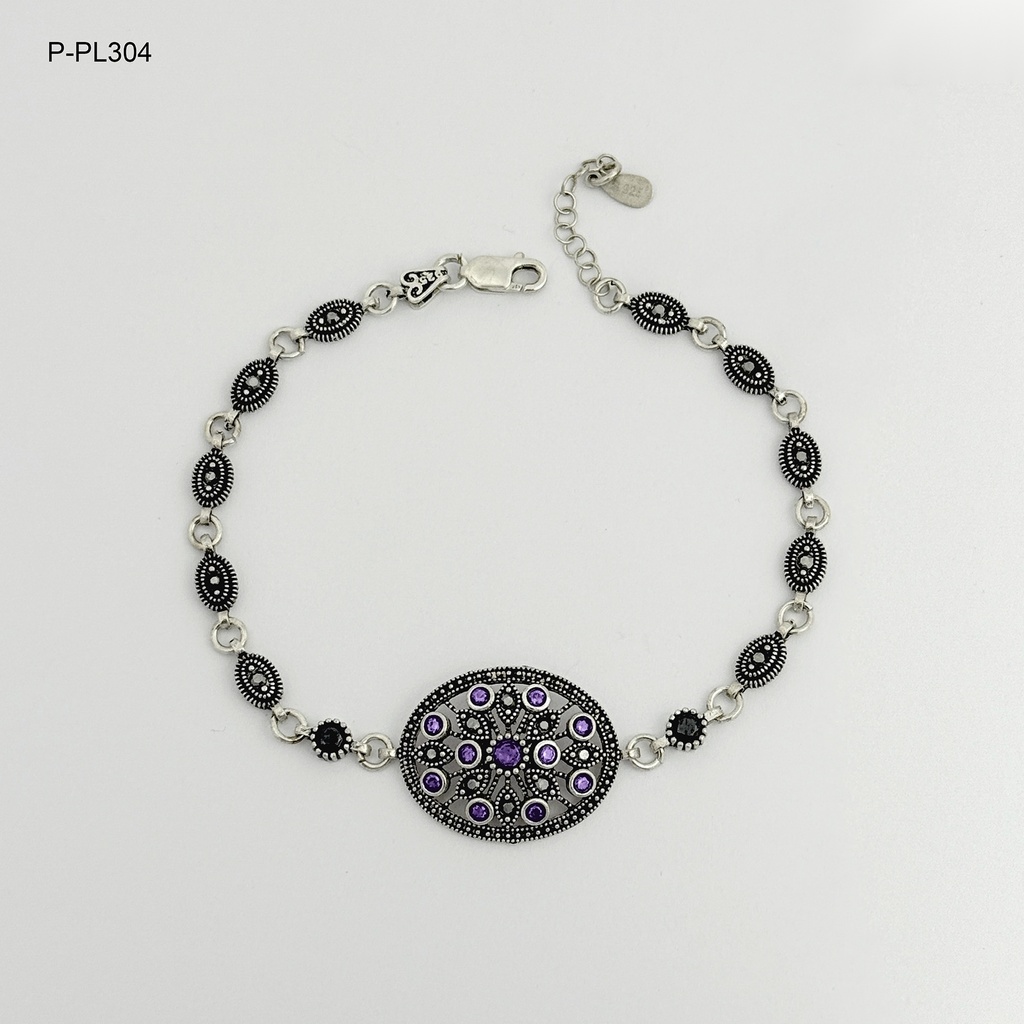 *P-PL-304 PULSERA PLATA QUEMADA LEY 925 MARQUESITA OVALO CIRCONES VIOLETA