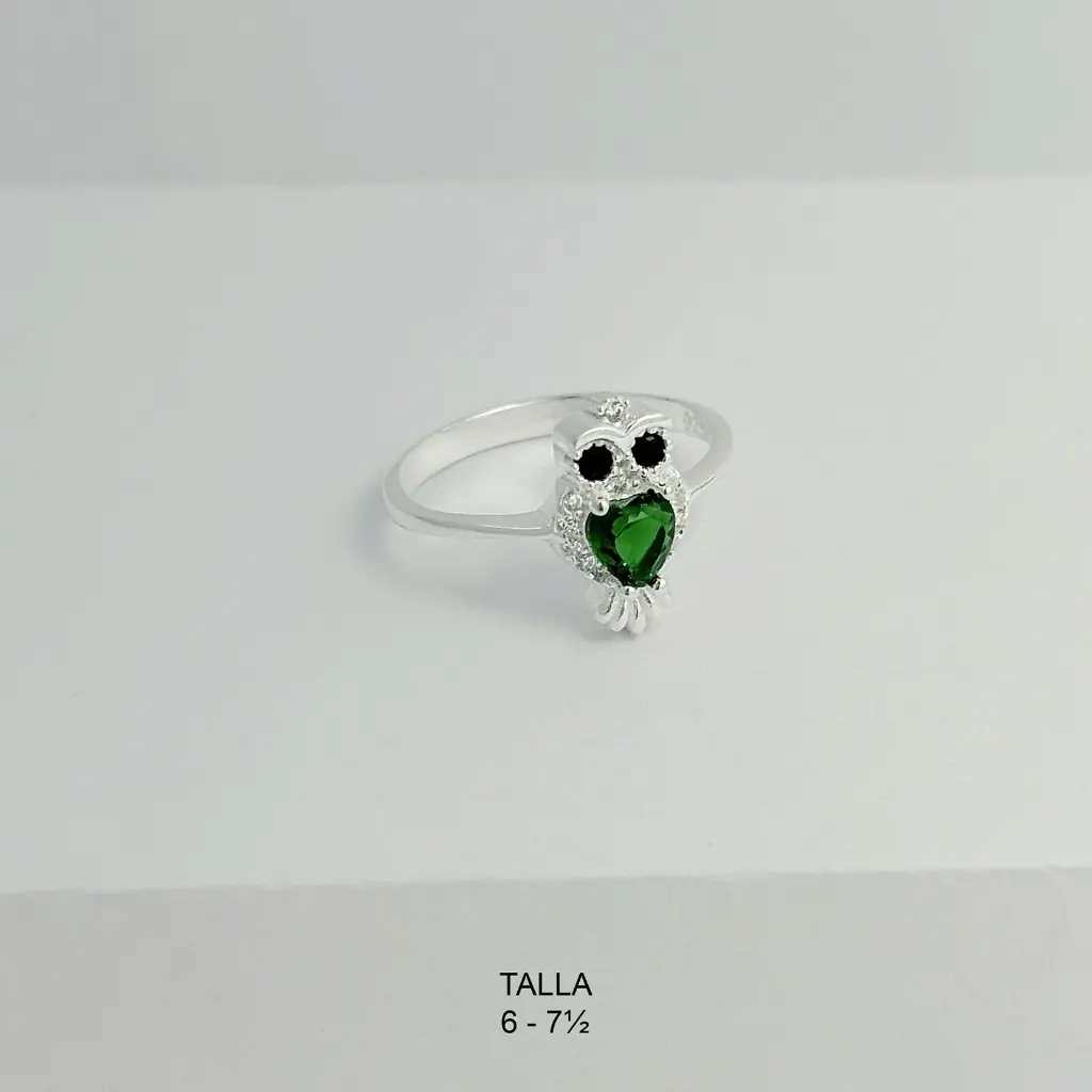 *ANILLO PLATA LEY 925 BÚHO CRISTAL VERDE